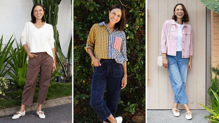 Brunette women wearing a variety of barrel pants