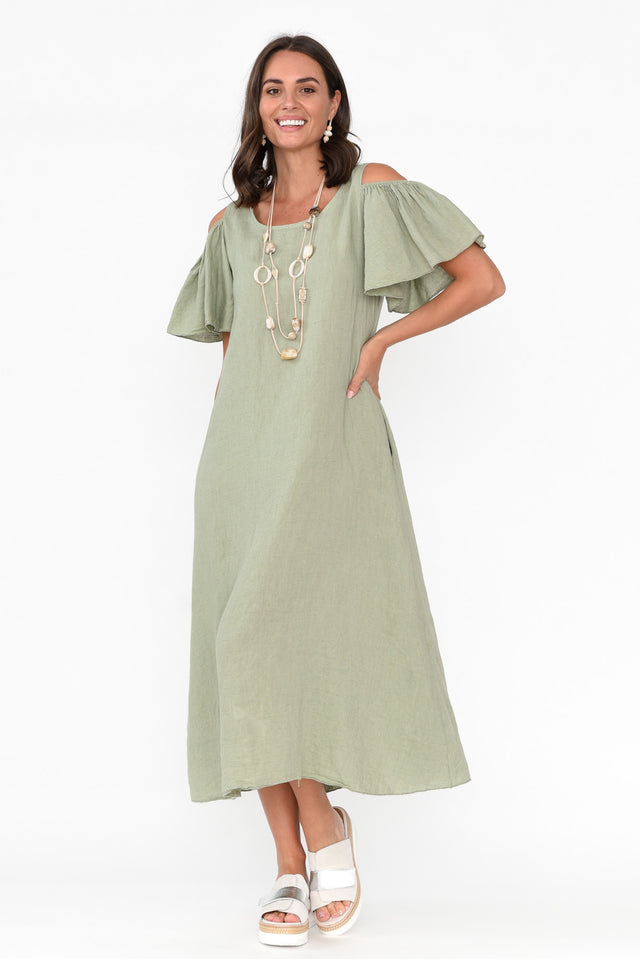 Mabrie Khaki Linen Cold Shoulder Dress image 2