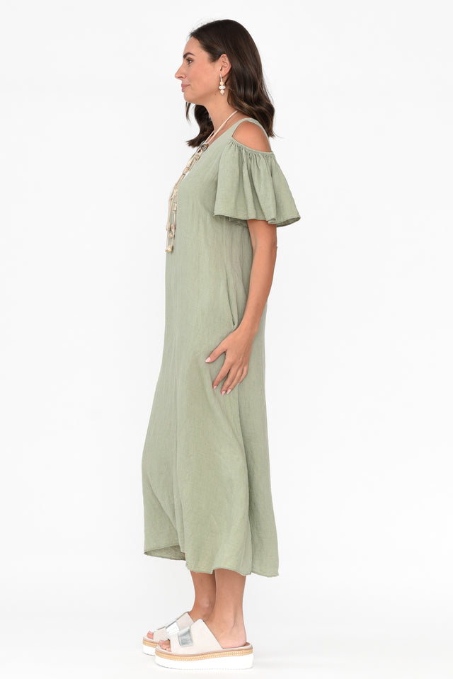 Mabrie Khaki Linen Cold Shoulder Dress image 4