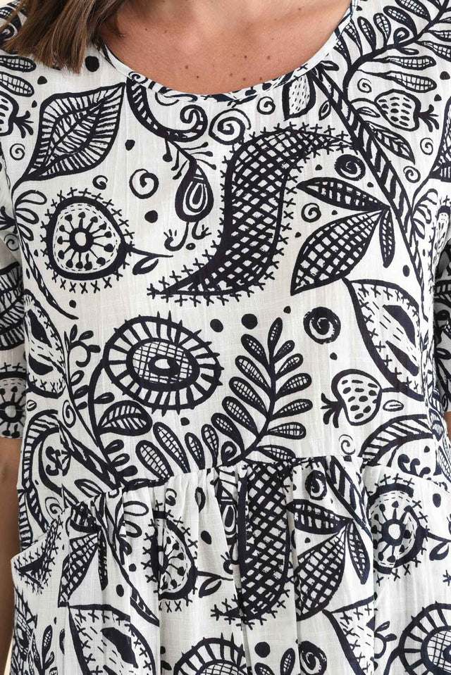 Mackie Navy Fern Cotton Pocket Dress,Detail,Brunette model,alt text|model:MJ image 5