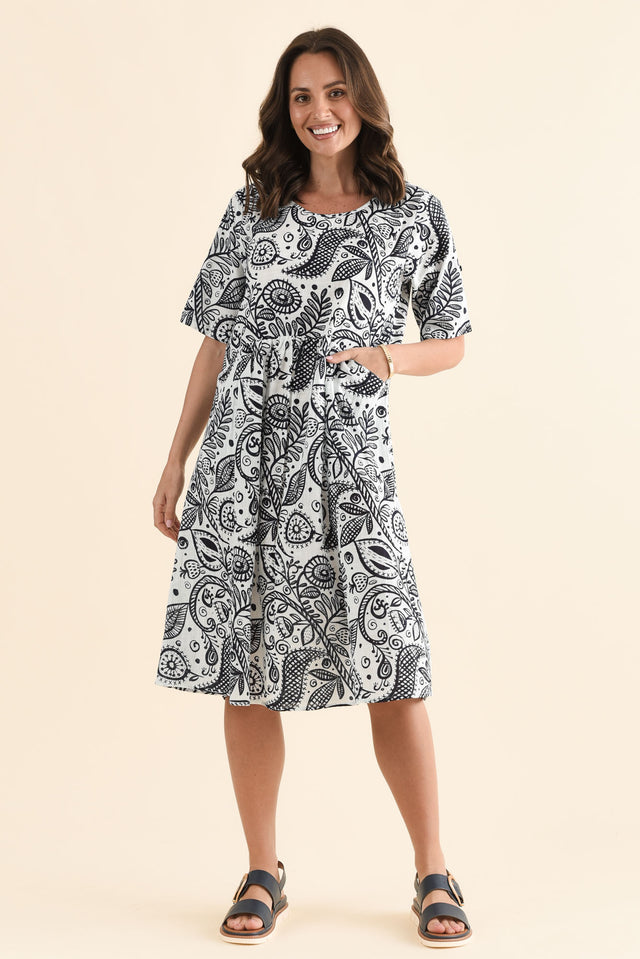 Mackie Navy Fern Cotton Pocket Dress,Front,Brunette model,alt text|model:MJ