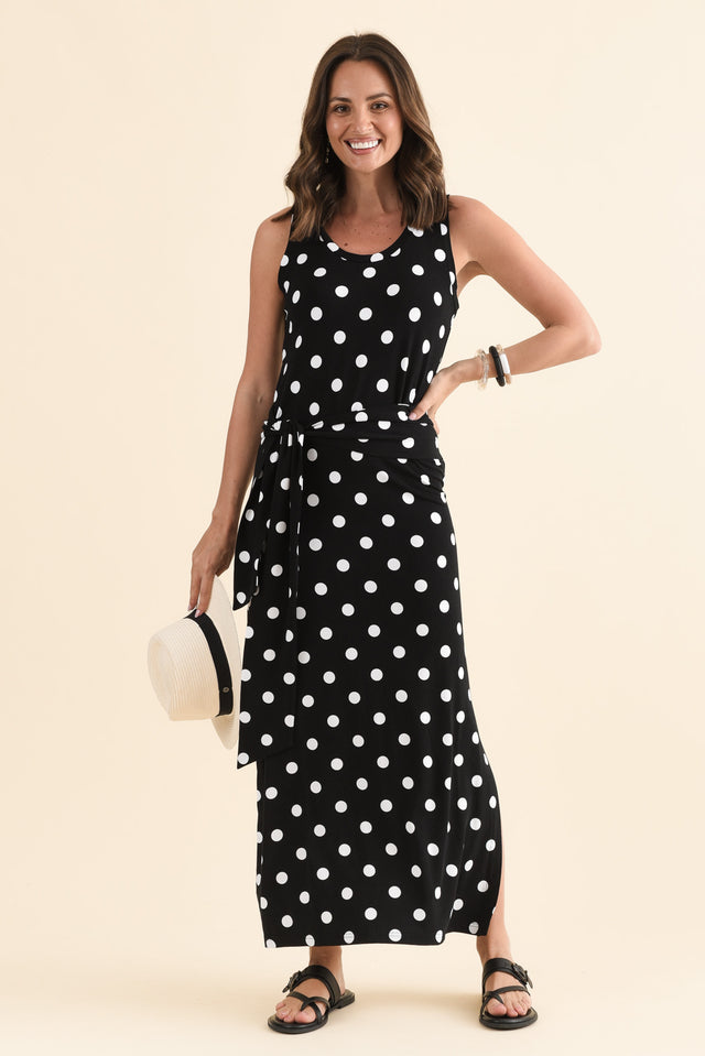 Macy Black Spot Bamboo Maxi Tie Dress,Front,Brunette model,alt text|model:MJ