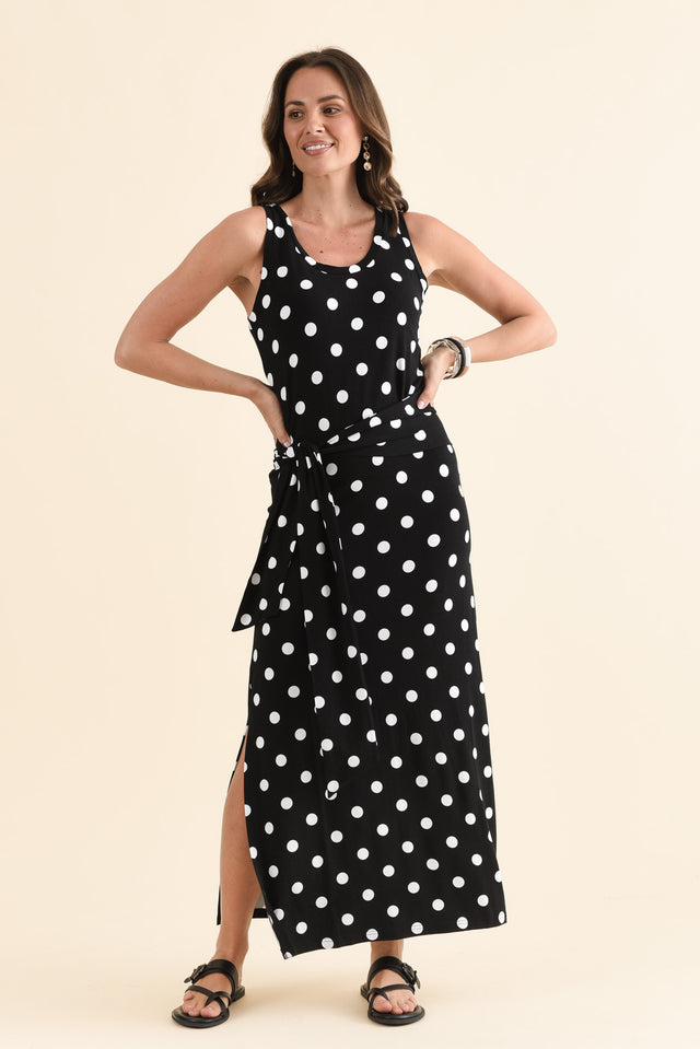 Macy Black Spot Bamboo Maxi Tie Dress,Full Body,Brunette model,alt text|model:MJ