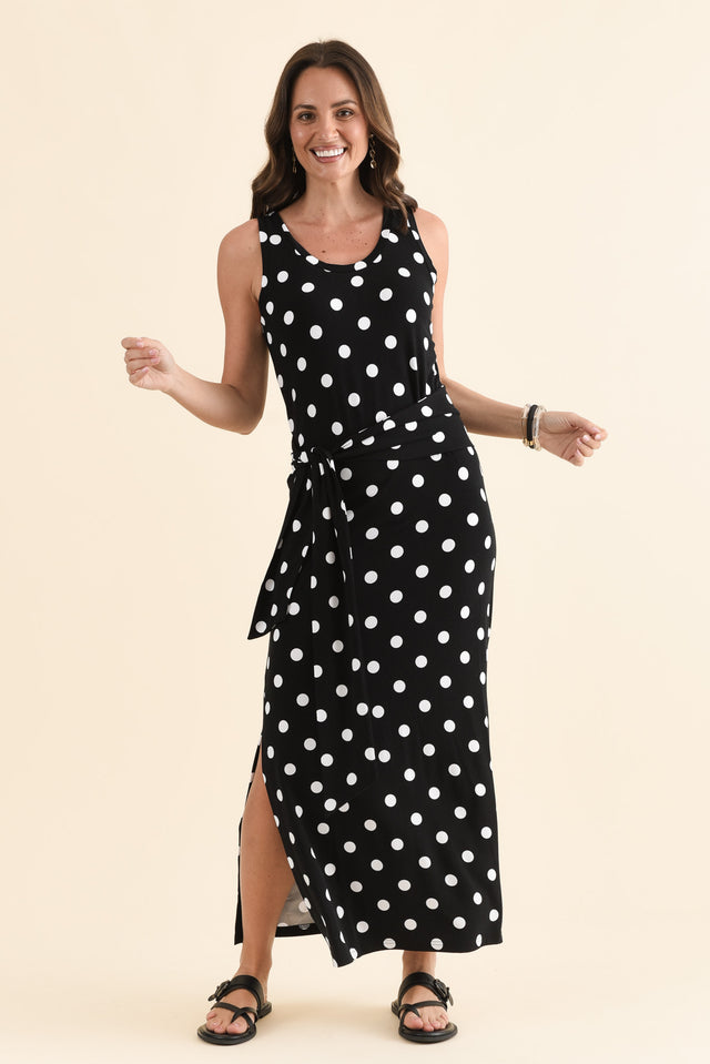 Macy Black Spot Bamboo Maxi Tie Dress,Full Body,Brunette model,alt text|model:MJ image 6