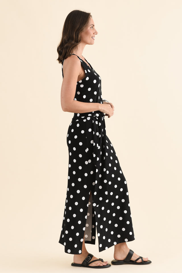 Macy Black Spot Bamboo Maxi Tie Dress,Side,Brunette model,alt text|model:MJ image 3