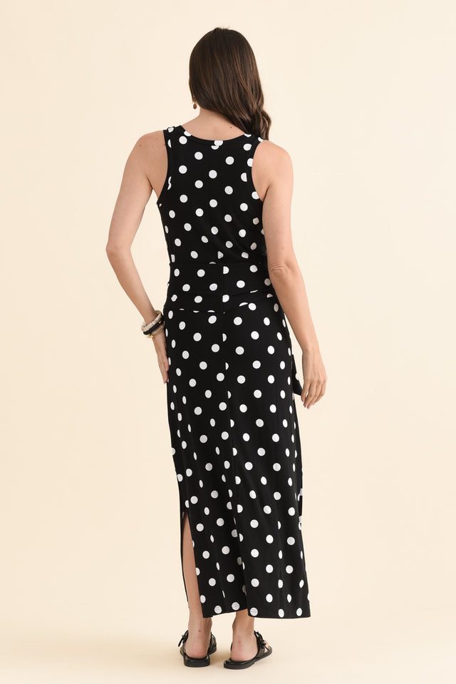 Macy Black Spot Bamboo Maxi Tie Dress,Back,Brunette model,alt text|model:MJ image 4