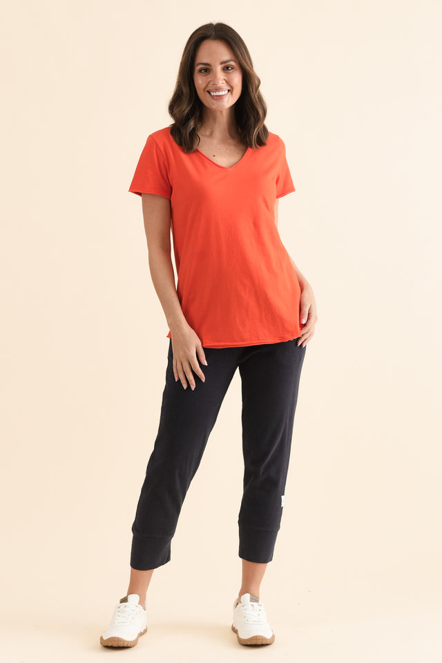 Maggie Bright Red Cotton Vee Tee,Full Body,Brunette model,alt text|model:MJ image 6