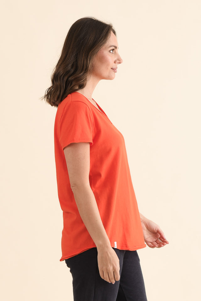 Maggie Bright Red Cotton Vee Tee,Side,Brunette model,alt text|model:MJ image 3