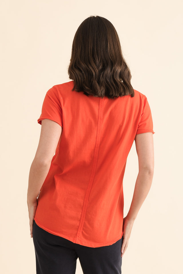 Maggie Bright Red Cotton Vee Tee,Back,Brunette model,alt text|model:MJ image 4