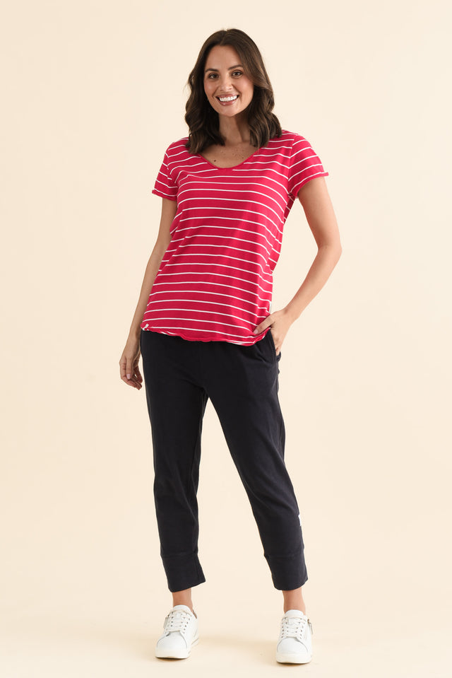 Maggie Fuchsia Stripe Cotton Vee Tee,brunette model,Full Outfit,alt text|model:MJ image 2