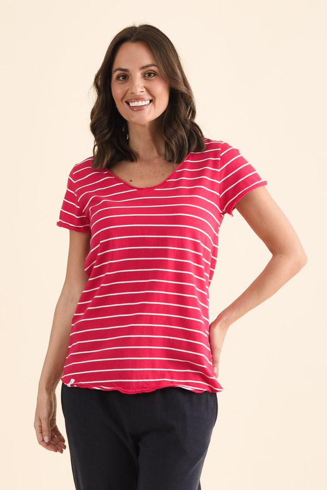 Maggie Fuchsia Stripe Cotton Vee Tee,brunette model,Front of Outfit,alt text|model:MJ image 1