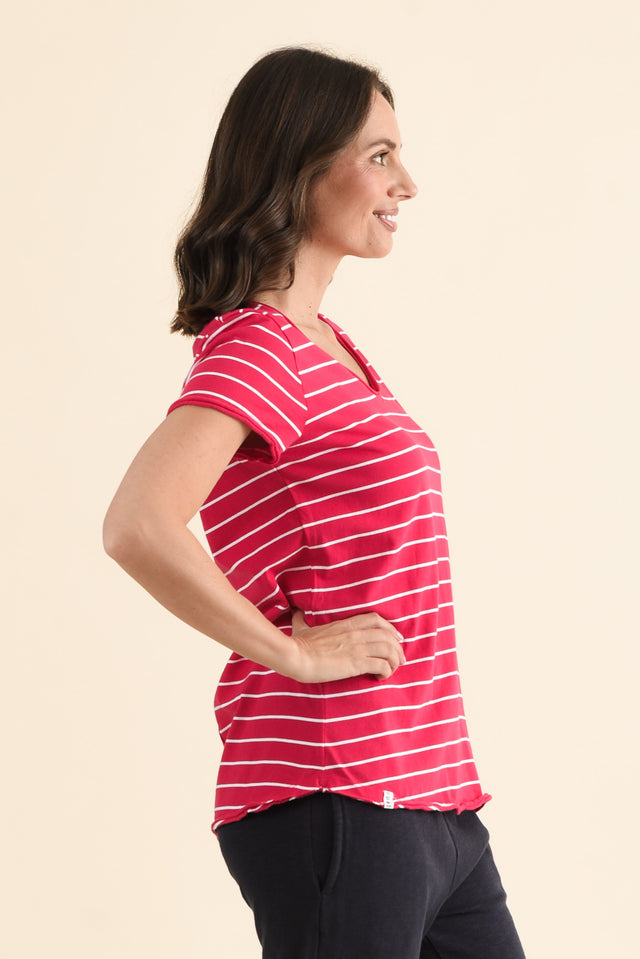 Maggie Fuchsia Stripe Cotton Vee Tee,brunette model,Side of Outfit,alt text|model:MJ image 3