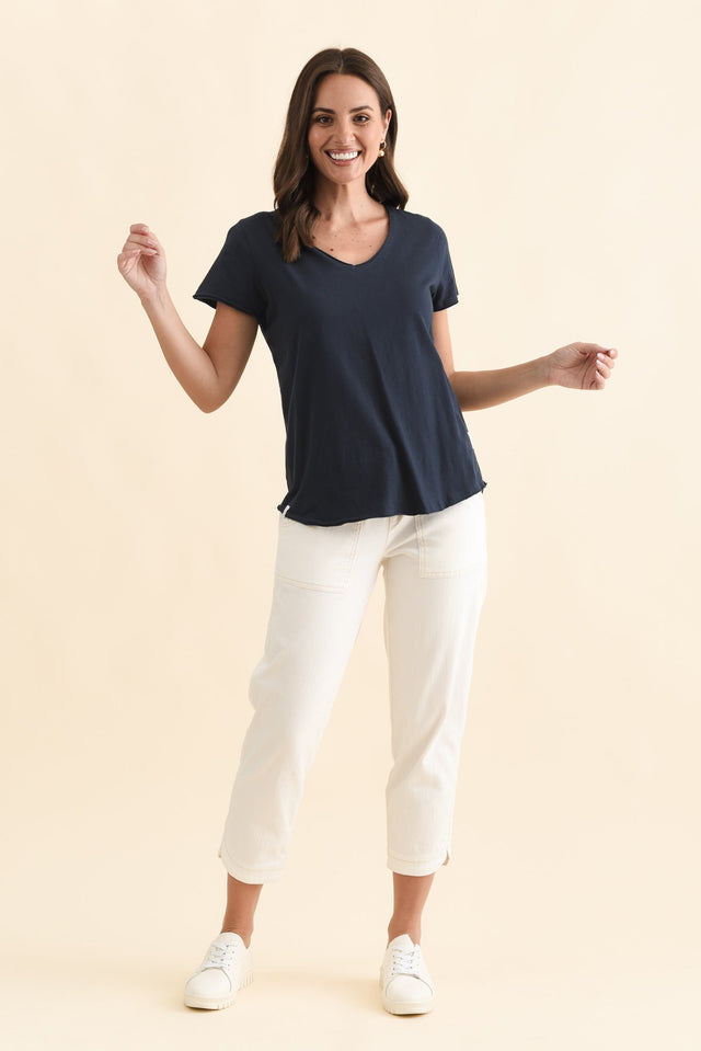Maggie Navy Cotton Vee Tee,Brunette model,alt text|model:MJ image 8