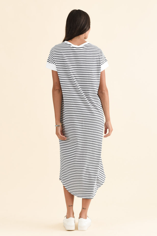 Maggie Navy Stripe Cotton T-Shirt Dress,Back,Brunette model,alt text|model:Brontie image 4