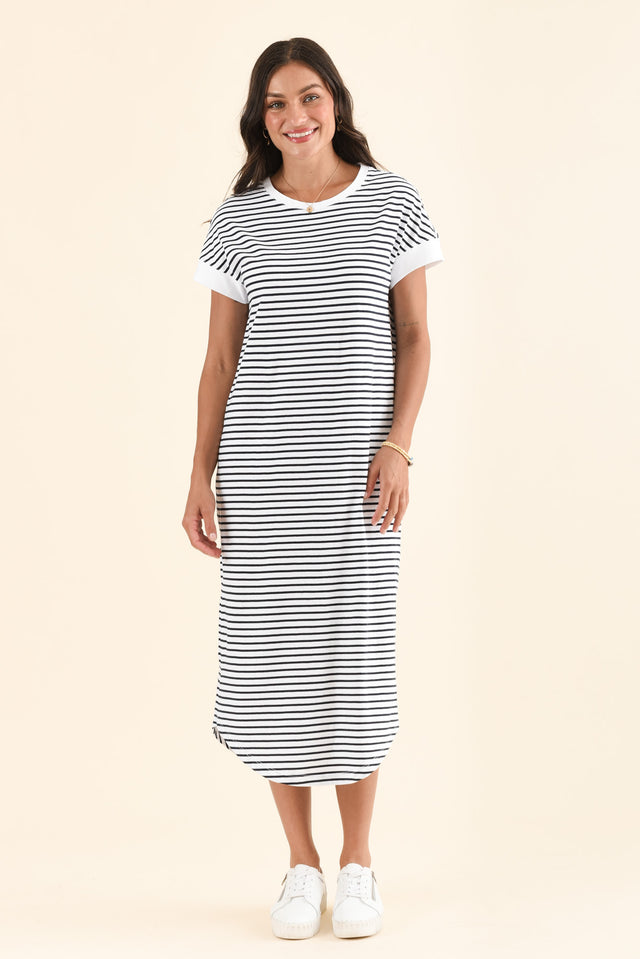 Maggie Navy Stripe Cotton T-Shirt Dress,Full Body,Brunette model,alt text|model:Brontie image 6