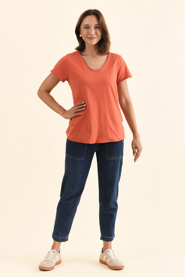 Maggie Orange Cotton Vee Tee,Full Body,Brunette model,alt text|model:Cara image 7