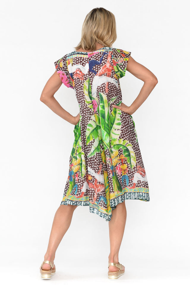 Maheno Brown Tropical Cotton Midi Dress