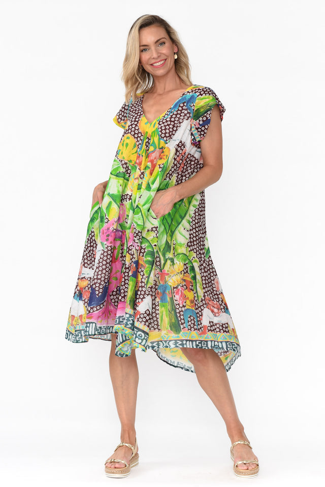 Maheno Brown Tropical Cotton Midi Dress