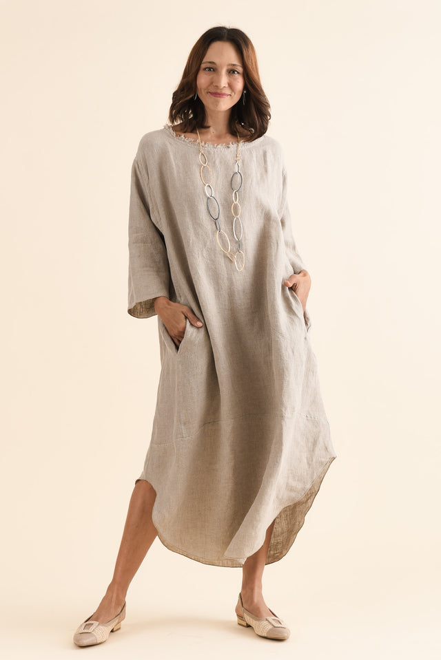 Malik Natural Linen Frayed Dress,Full Body,Brunette model,alt text|model:Cara image 2