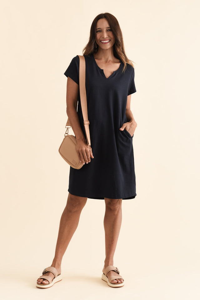 Mandy Navy Cotton Tee Dress,Brunette model,alt text|model:Cara image 2