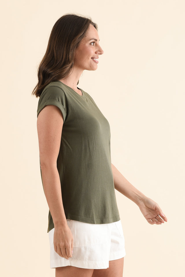 Manly Khaki Cotton Tee,Side,Brunette model,alt text|model:MJ image 4