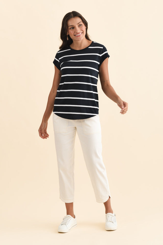 Manly Navy Stripe Cotton Tee,Brunette model,alt text|model:Brontie image 4