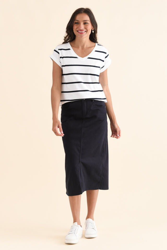 Manly White Stripe Cotton Vee Tee,Full Body,Brunette model,alt text|model:Brontie