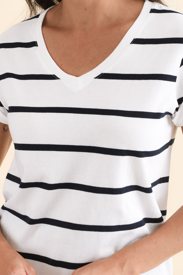 Manly White Stripe Cotton Vee Tee,Detail,Brunette model,alt text|model:Brontie image 6