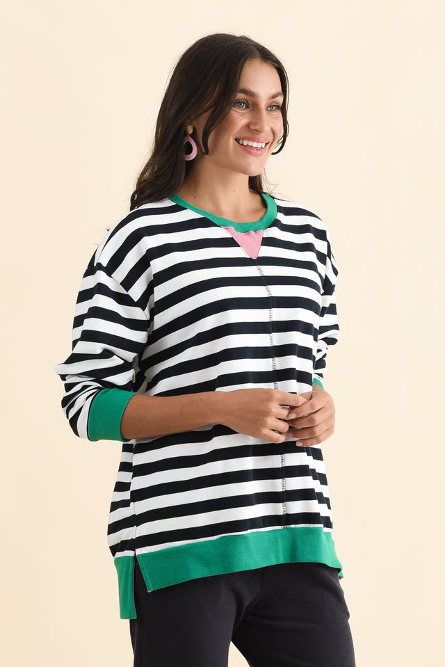 Maps Navy Stripe Cotton Crewneck Sweatshirt,Brunette model,alt text|model:Brontie image 4