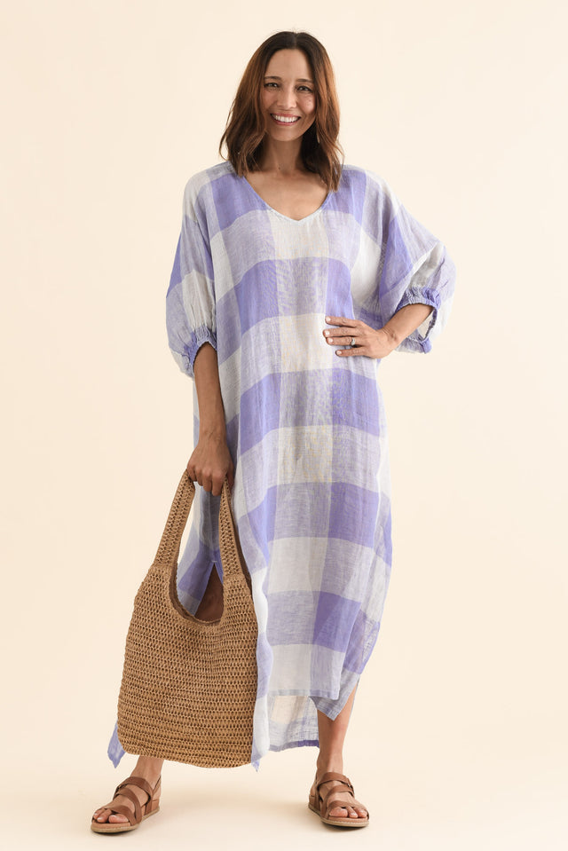 Marcel Blue Check Linen Dress,Front,Brunette model,alt text|model:Cara image 1