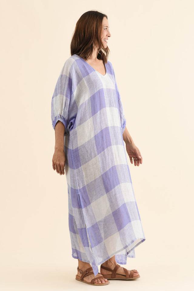 Marcel Blue Check Linen Dress,Side,Brunette model,alt text|model:Cara image 3