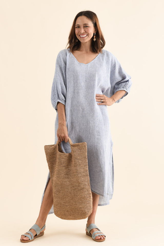 Marcel Steel Linen Dress,Front,Brunette model,alt text|model:Cara image 1