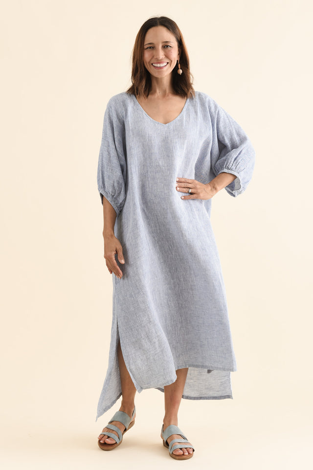 Marcel Steel Linen Dress,Full Body,Brunette model,alt text|model:Cara image 2