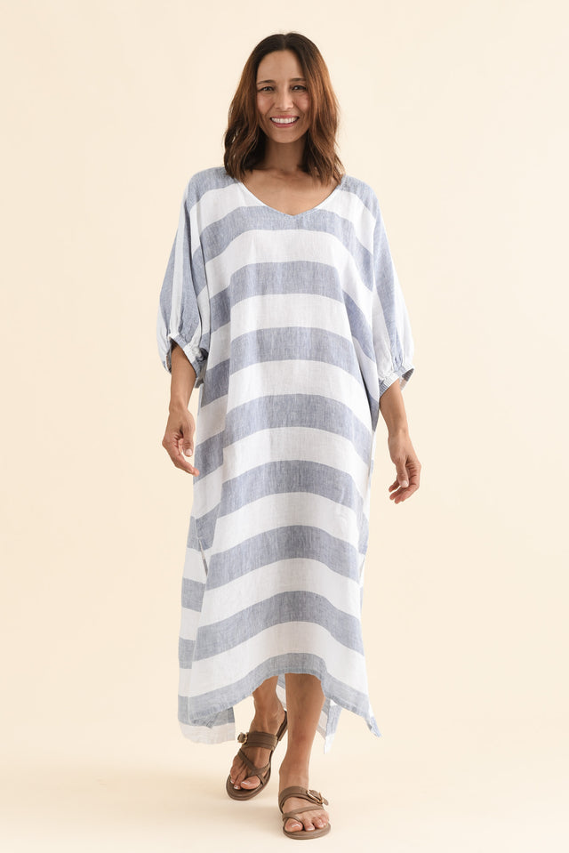 Marcel Steel Stripe Linen Dress,Front,Brunette model,alt text|model:Cara image 1