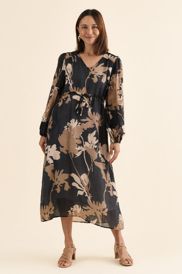Mareli Black Floral Tie Dress,Full Body,Brunette model,alt text|model:Cara image 2