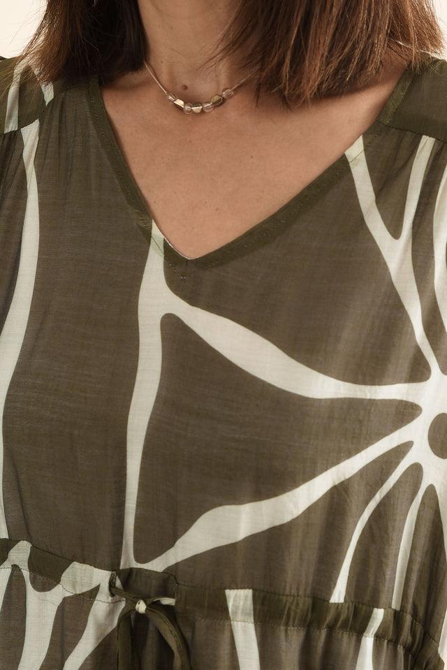 Mareli Khaki Abstract Tie Dress,Detail,Brunette model,alt text|model:Cara image 5