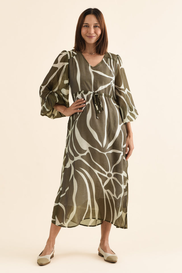 Mareli Khaki Abstract Tie Dress,Front,Brunette model,alt text|model:Cara image 1
