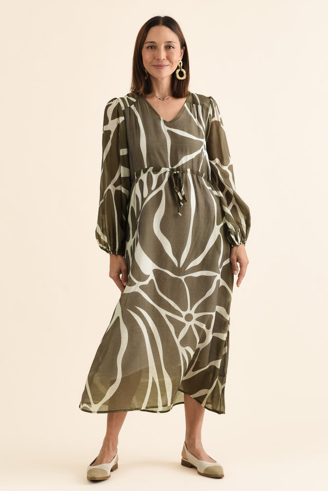 Mareli Khaki Abstract Tie Dress,Full Body,Brunette model,alt text|model:Cara image 6