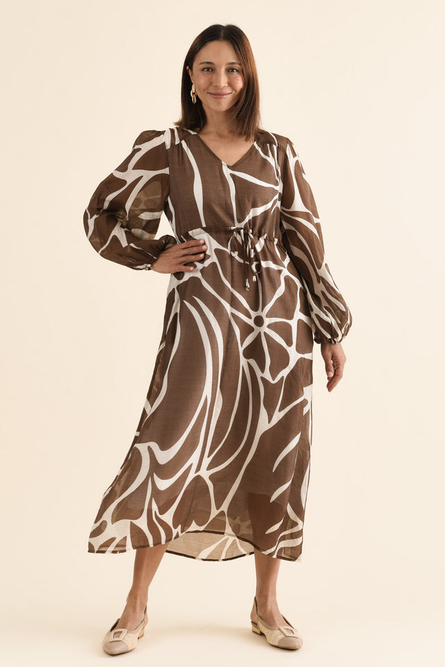 Mareli Mocha Abstract Tie Dress,Front,Brunette model,alt text|model:Cara image 1