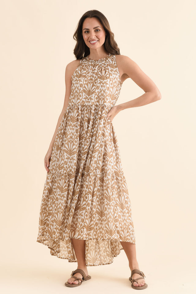 Margot Taupe Motif Sleeveless Dress,Full Body,Brunette model,alt text|model:MJ image 2