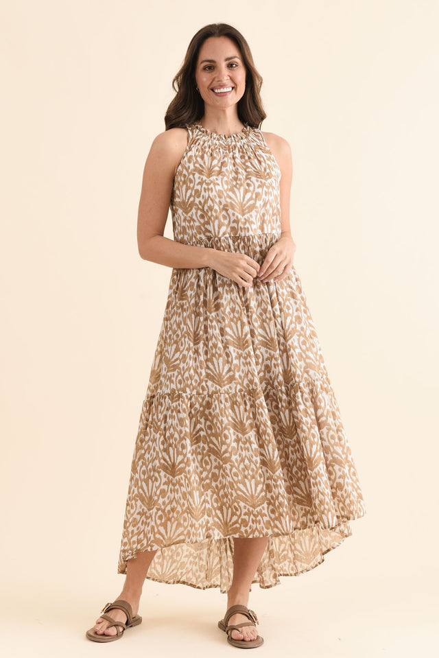 Margot Taupe Motif Sleeveless Dress,Full Body,Brunette model,alt text|model:MJ image 6