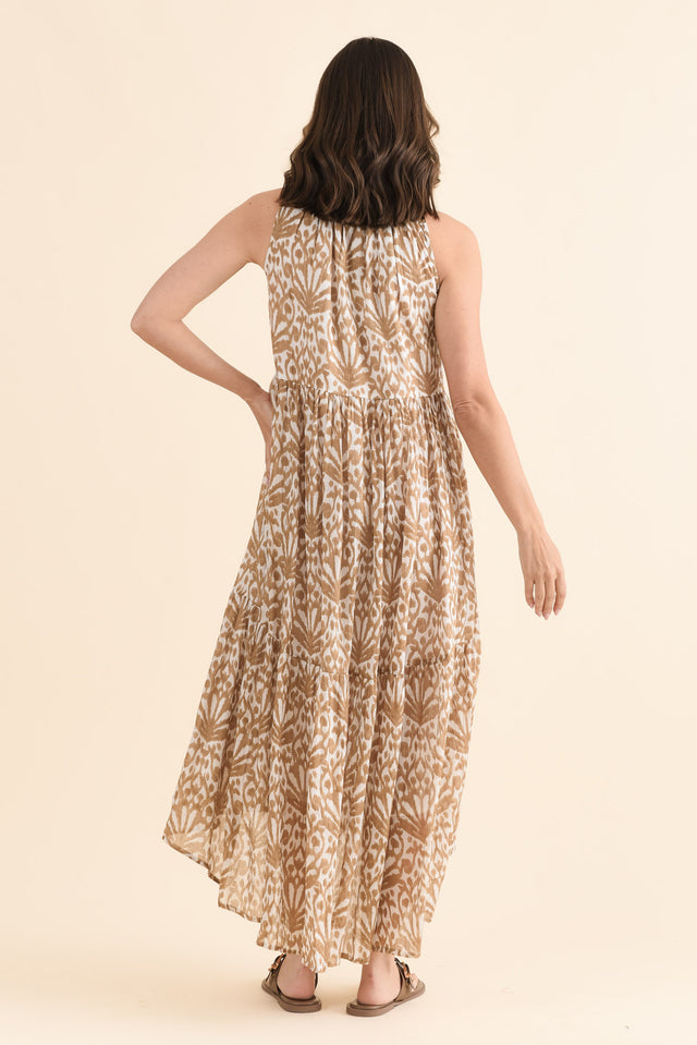 Margot Taupe Motif Sleeveless Dress,Back,Brunette model,alt text|model:MJ image 4