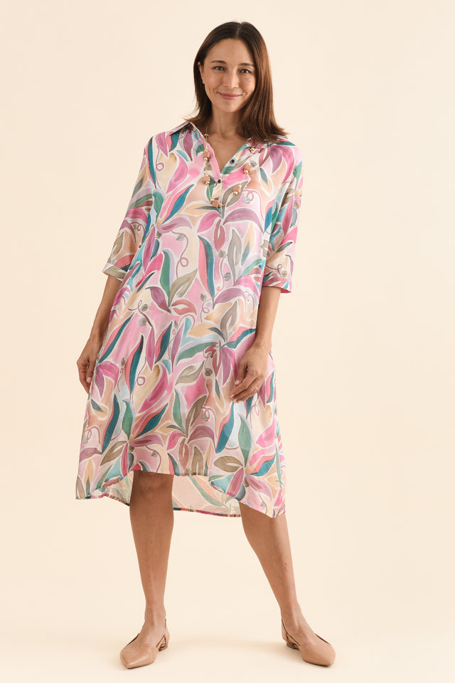 Mario Pink Geo Pocket Dress,Front,Brunette model,alt text|model:Cara image 1