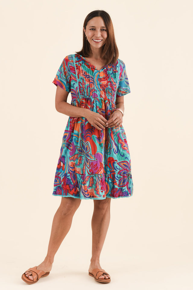 Marisol Blue Foliage Crinkle Cotton Dress,Full Body,Brunette model,alt text|model:Cara image 2