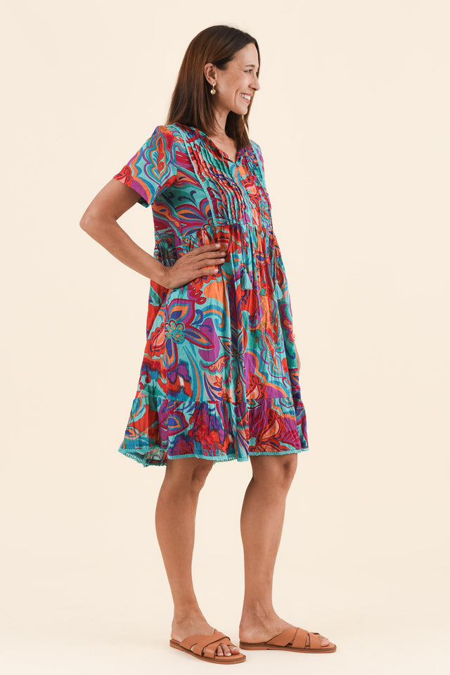 Marisol Blue Foliage Crinkle Cotton Dress,Side,Brunette model,alt text|model:Cara image 3