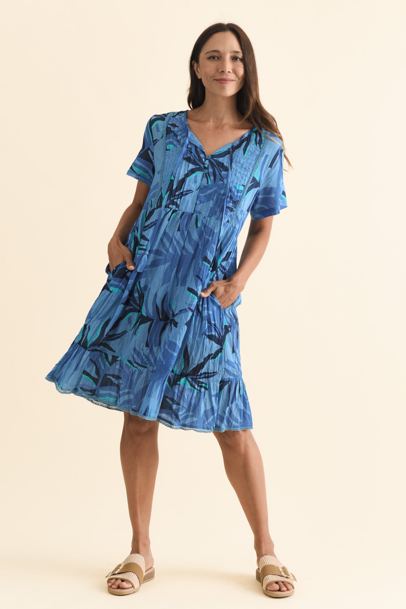 Marisol Blue Leaf Crinkle Cotton Dress - Blue Bungalow AU Marisol Blue Leaf Crinkle Cotton Dress - Blue Bungalow AU