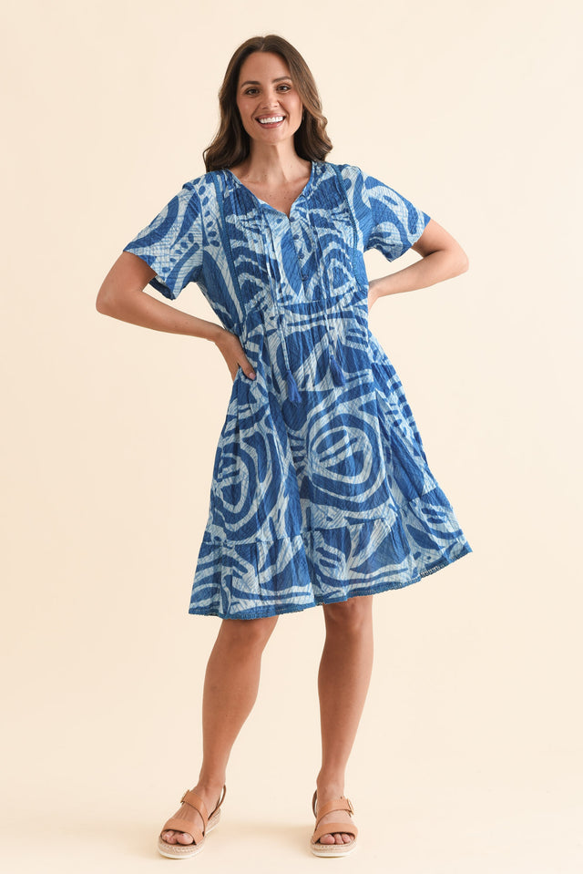 Marisol Cobalt Abstract Crinkle Cotton Dress,Full Body,Brunette model,alt text|model:MJ image 2