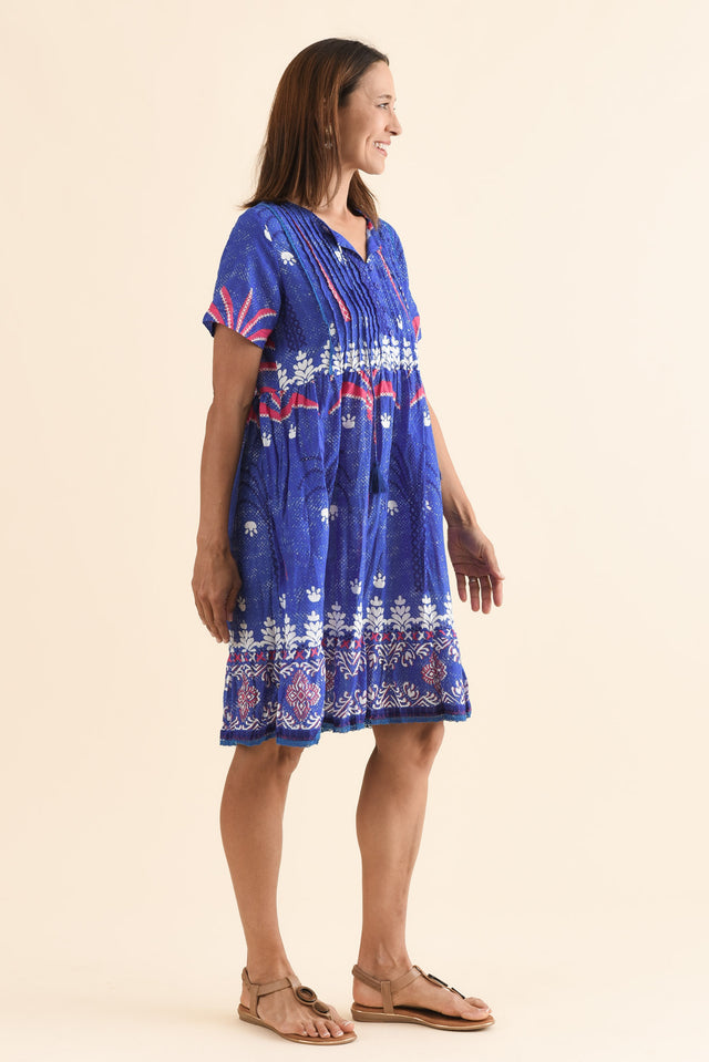 Marisol Cobalt Tropical Crinkle Cotton Dress,Side,Brunette model,alt text|model:Cara image 3