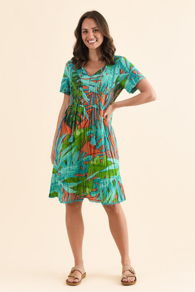 Marisol Teal Leaf Crinkle Cotton Dress,Front,Brunette model,alt text|model:MJ image 1