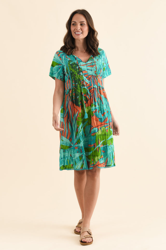 Marisol Teal Leaf Crinkle Cotton Dress,Full Body,Brunette model,alt text|model:MJ image 2